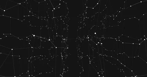 Glowing network graph illuminating dark digital space, with white nodes and thin Stock Illustration