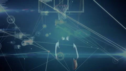 Glowing network lines converging around athlete shifting ball and shooting for Stock Footage 312904888