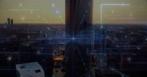 Glowing network lines converging toward central dark skyscraper in downtown at Stock Photos
