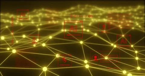 Glowing network mesh pulsing across cyberspace, showing yellow nodes, red AI Illustrazione stock