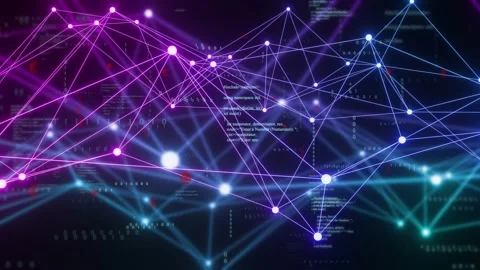 Glowing network mesh pulsing and reshaping, triggered by emerging magenta nodes Stock Footage 334351800