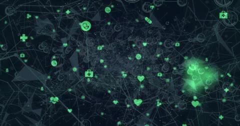 Glowing network mesh receding into virtual cyberspace, showing neon-green Illustrazione stock