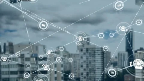 Glowing network node emerging over cityscape starting lines forming web with 스톡 동영상 310150799