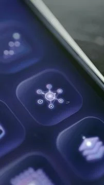 Glowing network node symbol appears on a purple mobile dashboard button Stock Photos
