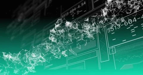 Glowing network of nodes and links flowing across virtual HUD, with teal UI Illustrazione stock