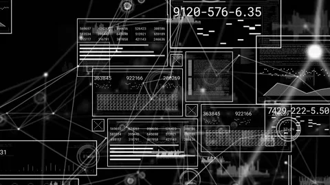 Glowing network nodes emerging launching data panels loading and sliding, Vídeos de archivo 319682451