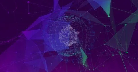 Glowing network sphere rotating in virtual cyberspace, with glowing nodes and Foto stock