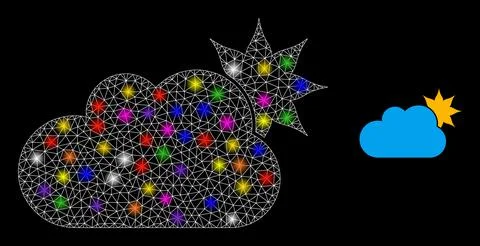 Glowing Network Sun Cloud Icon with Constellation Color Light Spots Stock Illustration