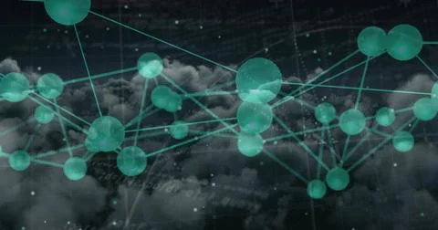Glowing network of teal spheres linking via thin lines, pulsing across clouds Stock Photos