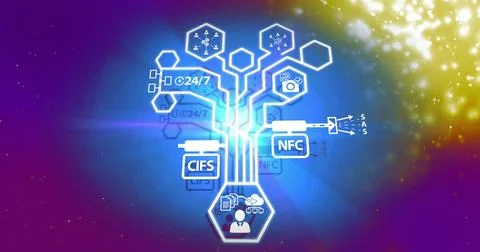 Glowing network-tree branching neon-lines in abstract backdrop, showing CIFS NFC Stock Illustration