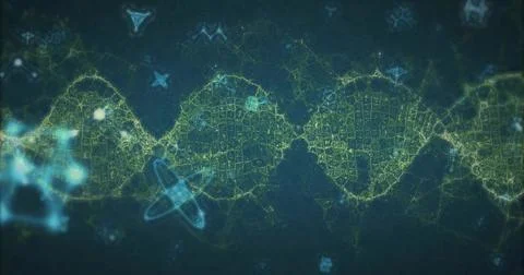 Glowing network wave forming neon green mesh loops across deep blue background, Stock Illustration