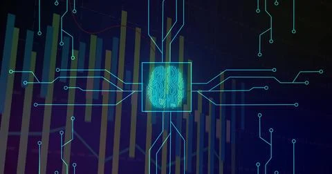 Glowing neural chip with brain-shaped circuit emitting neon traces on digital Stock Illustration