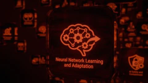 Glowing Neural Network Brain Icon with Interconnected Gears Representing AI.. Stock Photos