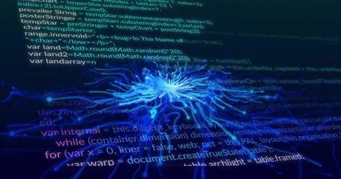 Glowing neuron-like structure radiating across tilted digital plane, with 写真素材