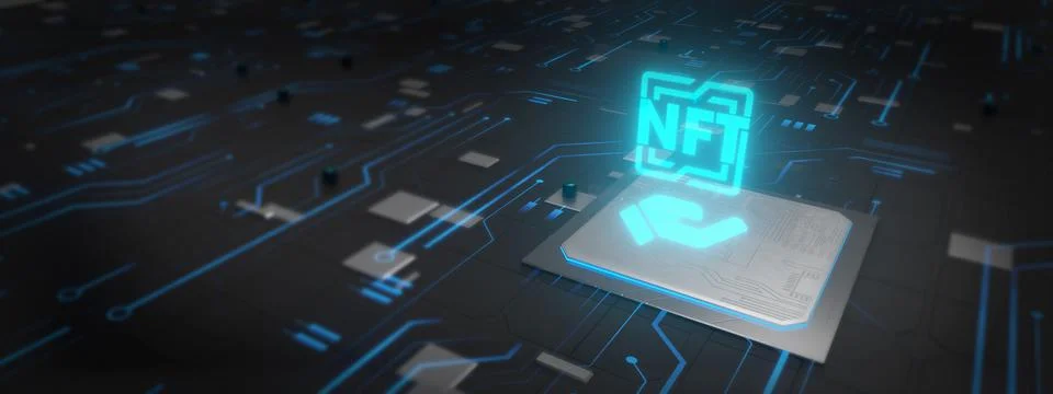 Glowing NFT Chip. Blockchain Tech Background. Futuristic Wallpaper. Digital A Illustrazione stock