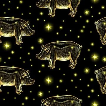 Glowing Night Pigs Seamless Pattern with Stars by Chinese Calendar Stock Illustration
