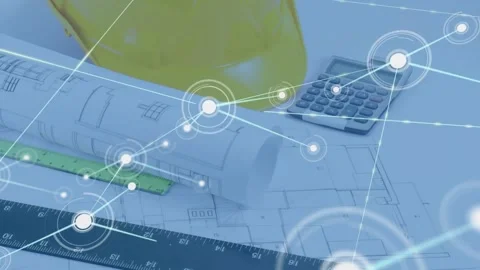 Glowing node appearing on blueprint emitting network across yellow hat Video stock 329927023