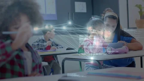 Glowing node appearing, teacher leaning and tapping tablet, network connecting Stock Footage 333774592