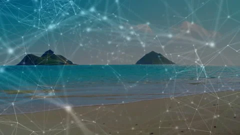 Glowing node mesh materializing over beach pulsing and drifting while Stock Footage 316352301