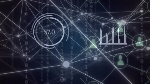 Glowing node network reacting to camera shift, revealing gauges and icons Stock Footage 335739704