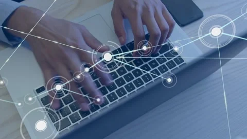 Glowing node popping over keys, starting adult hands typing and network growing Stock Footage 330160238