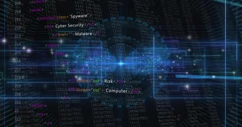 Glowing node sending radial beam across code streams in cyberspace, with spyware イラスト素材