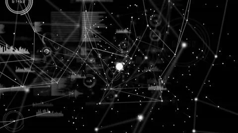 Glowing nodes and connecting lines are flowing in 3D interface with HUD Stock Illustration