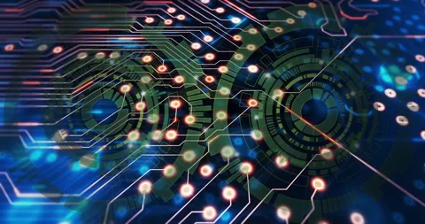 Glowing nodes and digital patterns creating animation on futuristic circuit Stock Footage 305009079