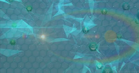 Glowing nodes with animation on abstract hexagonal pattern in digital network Stock Footage 303607662