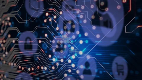 Glowing nodes with animation on circuit board pattern over digital blue Stock Footage 303675497