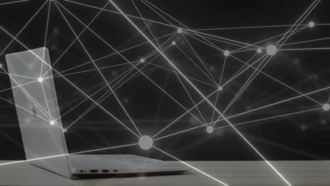 Glowing nodes appearing, laptop anchoring while network mesh forming to show Stock Footage 335651622