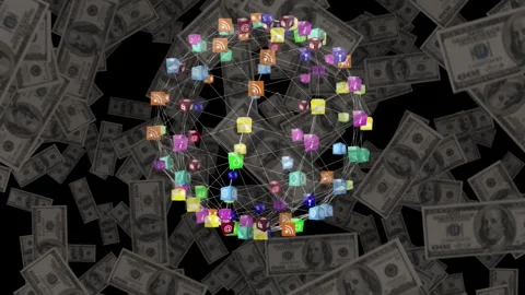 Glowing nodes linking, sparking icons forming rotating sphere over floating cash Stock Footage 335314429