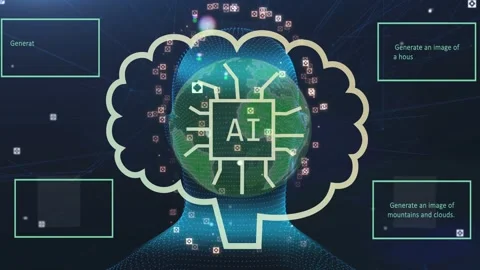 On glowing nodes orbiting head forming globe thought cloud housing AI chip and Stock Footage 334788449