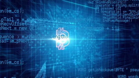 Glowing nodes pulsing at center, Bitcoin symbol emerging with circuits, showing Stock Footage 313241197