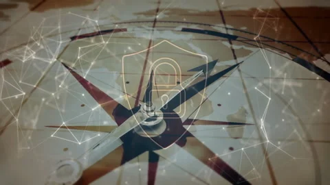 Glowing nodes starting compass rose forming net, drawing shield, fading lock Stock Footage 311085319