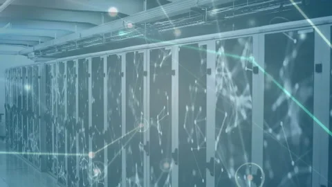 Glowing nodes starting over server cabinets animating lines drifting and pulsing Stock Footage 311126087