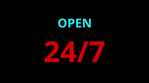 Glowing OPEN 24 Hour 7 Day Sign Animation on a black Background. 4k video Video stock 340179413