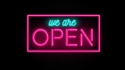 Glowing Open neon sign on a brick wall, we are open animation Stock Footage 337289809