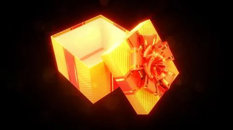 Glowing opened gold and red present on dark background - Stock Illustration