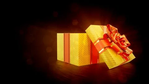 Glowing opened gold and red gift box on dark backdrop - object 3D illustration Stock Illustration