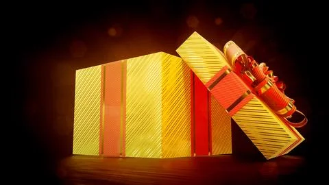 Glowing opened gold and red present on dark backdrop - object 3D rendering Stock Illustration