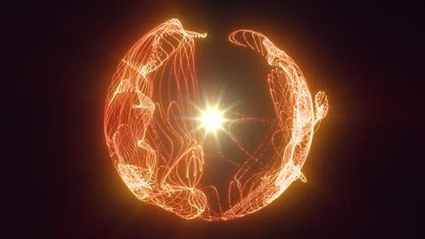 Glowing orange abstract sphere formed by flowing wireframe lines and bright.. Stockillustratie