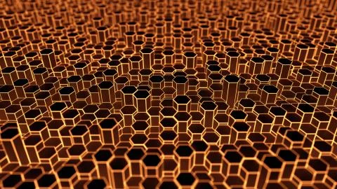 Glowing orange and black hexagonal prisms futuristic pattern, 3D rendering Stockillustratie