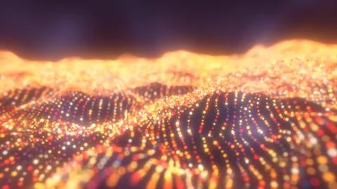 Glowing orange and red light dots form flowing waves across a dark abstract.. Stock Illustration