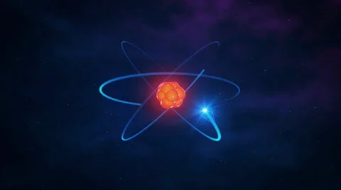 Glowing orange atom with blue electrons Video stock 33846646