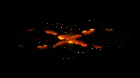 Glowing orange bats flying with sparkles and wave lines on dark background .. Stock Footage 345242758