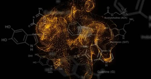 Glowing orange brain point-cloud floating in black field, showing mesh, chemi Stock Illustration