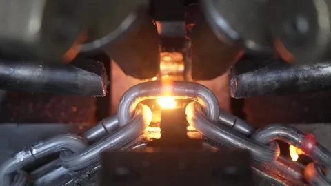 Glowing orange chain link is forged between metal dies as sparks emerge from Stockbeeldmateriaal 339126146