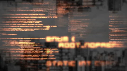 Glowing orange code overlay fading in over gray skyline, pulsing for extracting Stock Footage 315560128