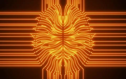Glowing orange computer chip brain illustrating artificial intelligence Illustrazione stock
